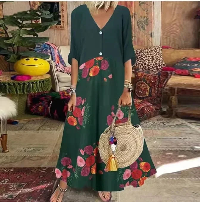 CD | 2025 Primăvară Oversize rochie lungă pentru femei imprimare V-Neck cu mânecă scurtă buton vrac A-Line rochii Femei Casual Elegant îmbrăcăminte pentru femei