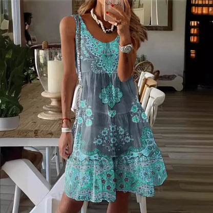 CD | 2024 Noi europene și americane de vară imprimate fără mâneci v-neck vestă rochie moda de vacanță imprimate rochie pentru femei