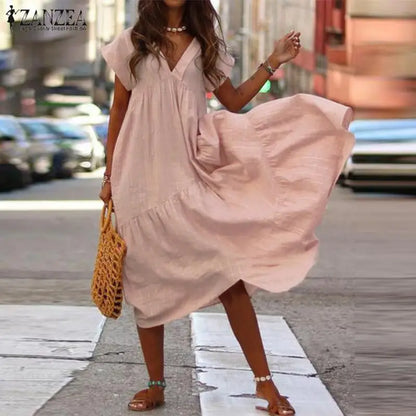 CD | Casual Boho Loose Femei Rochie Boemiană Vara V-Neck Short Sleeve Ruffle Dress Femei Oversize Party Beach A-Line Dress Vestidos