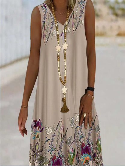 CD | Femei fără mâneci V-Neck Dress Plant Print Rochii Floral Model plaja Casual Top Vara Îmbrăcăminte Sexy 2024