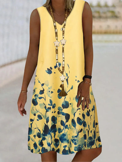CD | Femei fără mâneci V-Neck Dress Plant Print Rochii Floral Model plaja Casual Top Vara Îmbrăcăminte Sexy 2024
