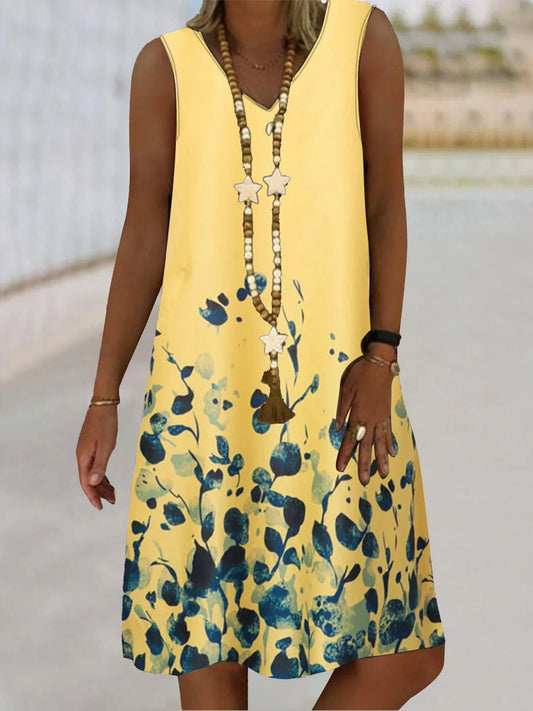 CD | Femei fără mâneci V-Neck Dress Plant Print Rochii Floral Model plaja Casual Top Vara Îmbrăcăminte Sexy 2024