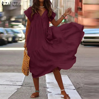 CD | Casual Boho Loose Femei Rochie Boemiană Vara V-Neck Short Sleeve Ruffle Dress Femei Oversize Party Beach A-Line Dress Vestidos