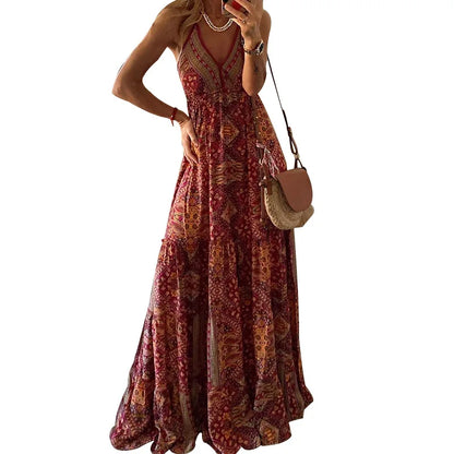 CD | BAMBOOBOY Women V-Neck Party Long Dresses Vintage Printed Bohemian Beach Elegant Sleeveless Spaghetti Strap Sexy Maxi Sundress
