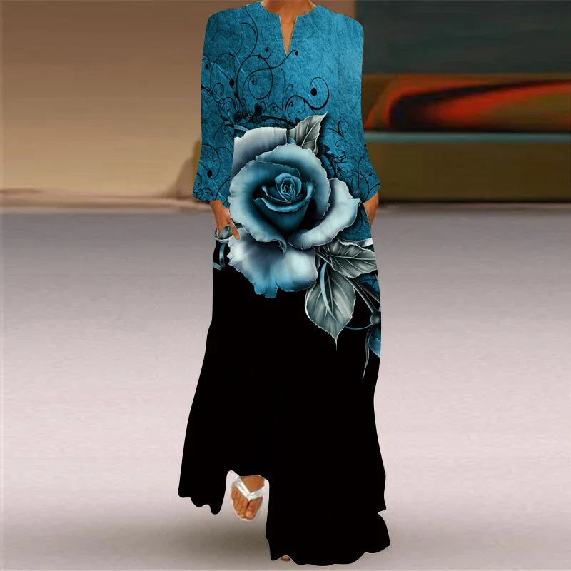 CD | 2024 Europene și americane Cross Border Femei noi V-Neck Long Sleeve Sexy imprimate mare buzunar Comerț exterior rochie