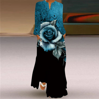 CD | 2024 Europene și americane Cross Border Femei noi V-Neck Long Sleeve Sexy imprimate mare buzunar Comerț exterior rochie