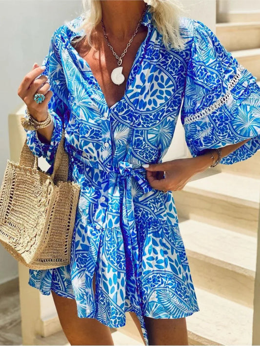 CD | Fashion Print Half Sleeve Shirt Women'S Dresses Summer Loose Elegant Lace Up Shirt Casual Female Holiday Beach Short Skirt 2025