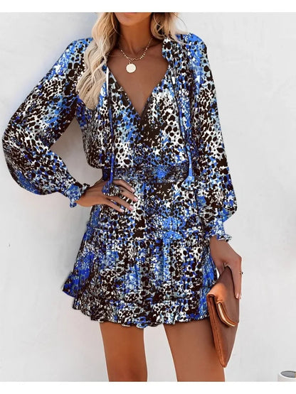 CD | Femei de primăvară Moda Casual florale imprimare Lantern maneca lung maneca V gât Ruffle Mini talie rochie