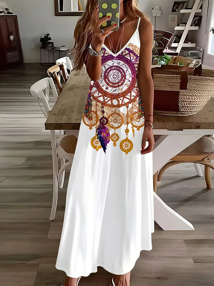 CD | 2024 New Vintage Ethnic Print Ladies Elegant Dress Summer Ladies Casual Sleeveless Dress Street Fashion Ladies Long Dress