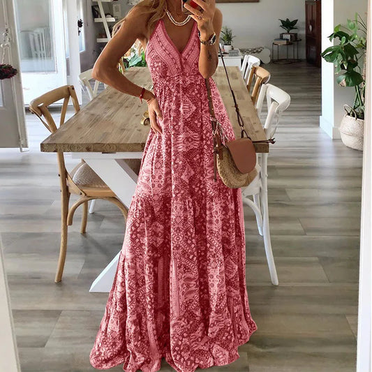 CD | BAMBOOBOY Women V-Neck Party Long Dresses Vintage Printed Bohemian Beach Elegant Sleeveless Spaghetti Strap Sexy Maxi Sundress