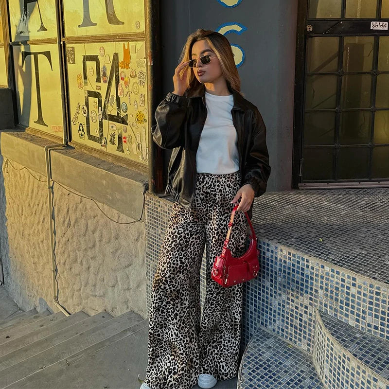 CD | Pantaloni largi vintage cu imprimeu leopard pentru femei