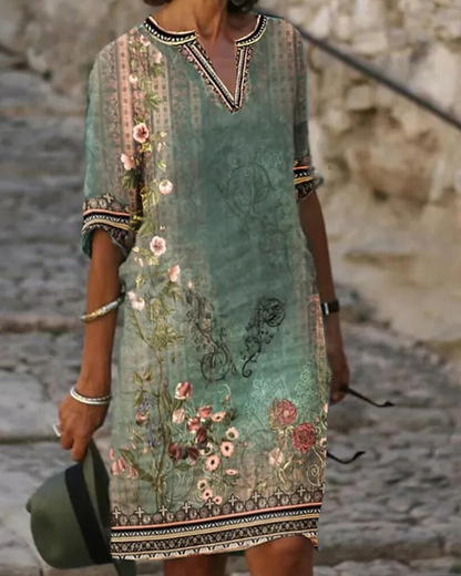 CD | Rochie midi verde cu decolteu în V și model floral