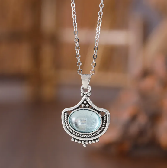 Blue Oval Gemstone Necklace & Earrings Set