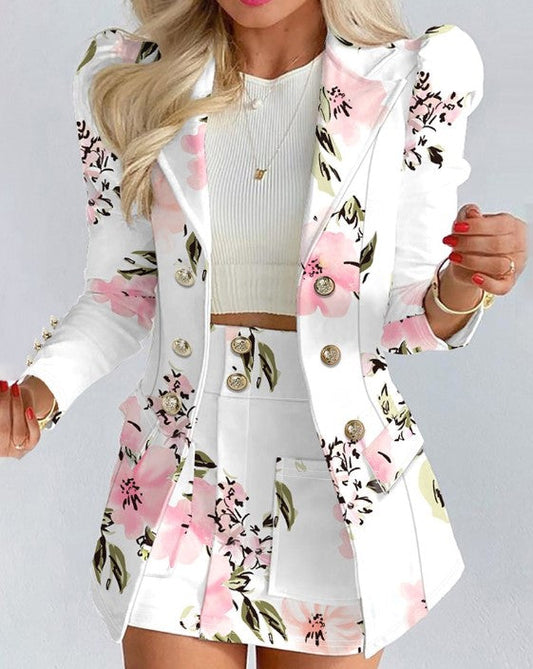 CD | Blazer double-breasted cu imprimeu floral și mâneci bufante