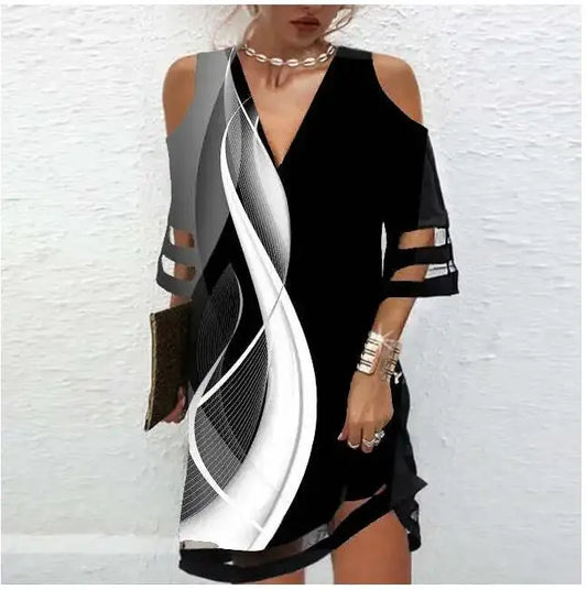 CD | Stil elegant de vară V-Neck rochie nouă pentru femei Primăvara Casual vrac florale imprimare pulover Mesh cusături jumătate maneca plaja rochie