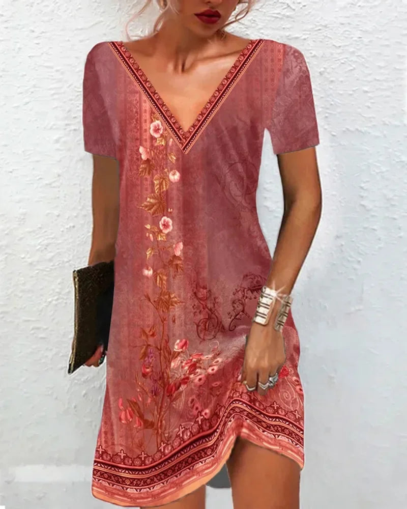 CD | 2024 Women Summer Dress Boho V-Neck Short Sleeve Vintage Print Floral Dress Female Casual Holiday Beach Loose Dresses Vestidos