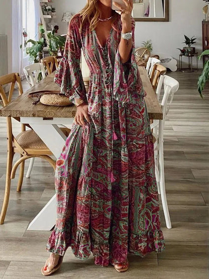 CD | 2023Cross frontieră boemă stil evazat mâneci imprimate v-neck mare rochie de vacanță cu talie florale rochie florale pentru femei