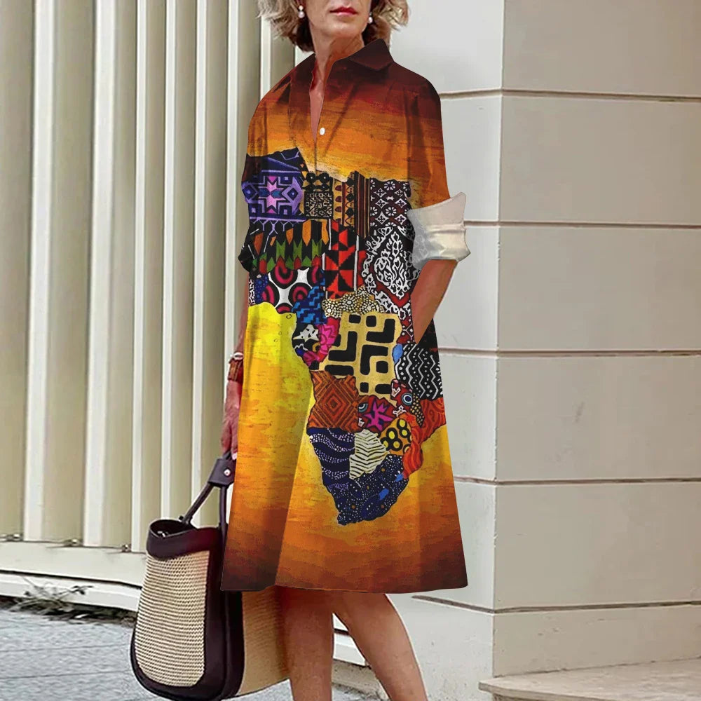 CD | Vara noi femei elegante cămașă Casual femei imprimate maneca lunga moda Lapel Street femei rochii cina partid rochii