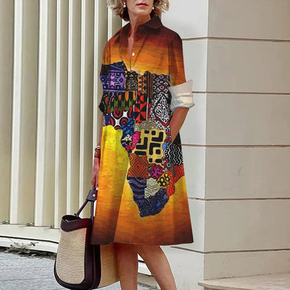 CD | Vara noi femei elegante cămașă Casual femei imprimate maneca lunga moda Lapel Street femei rochii cina partid rochii