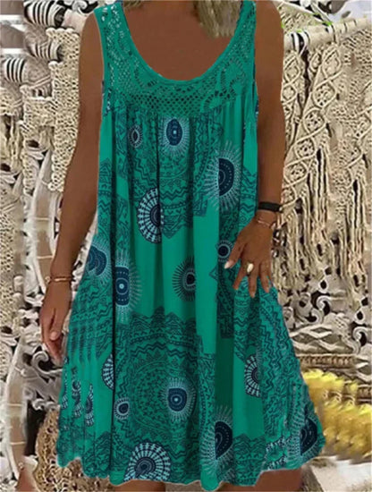 CD | Elegant Lace Splice O Neck Dresses Women Summer Comfortable Casual Sleeveless Dress Vintage Print Female Loose Midi Dress 2024