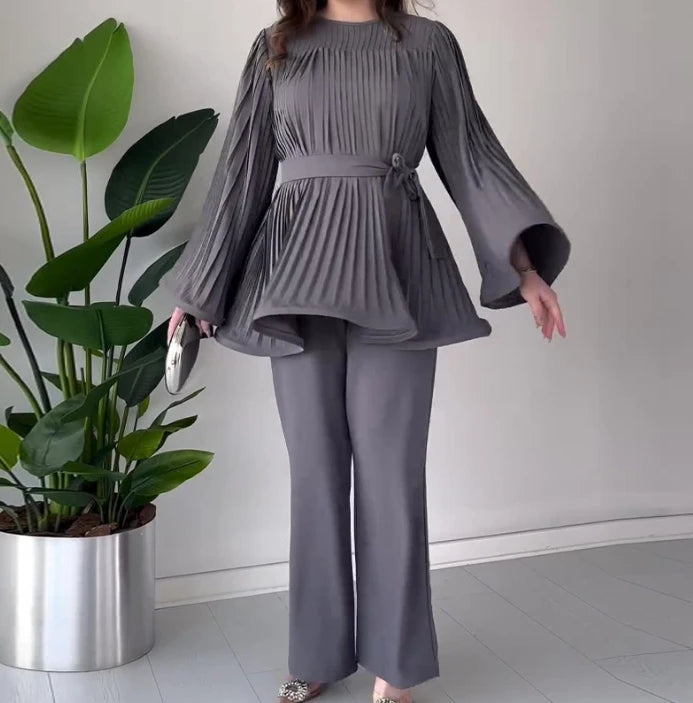 CD | Set trendy format dintr-o bluză cu mânecă lungă și pantaloni largi pentru femei