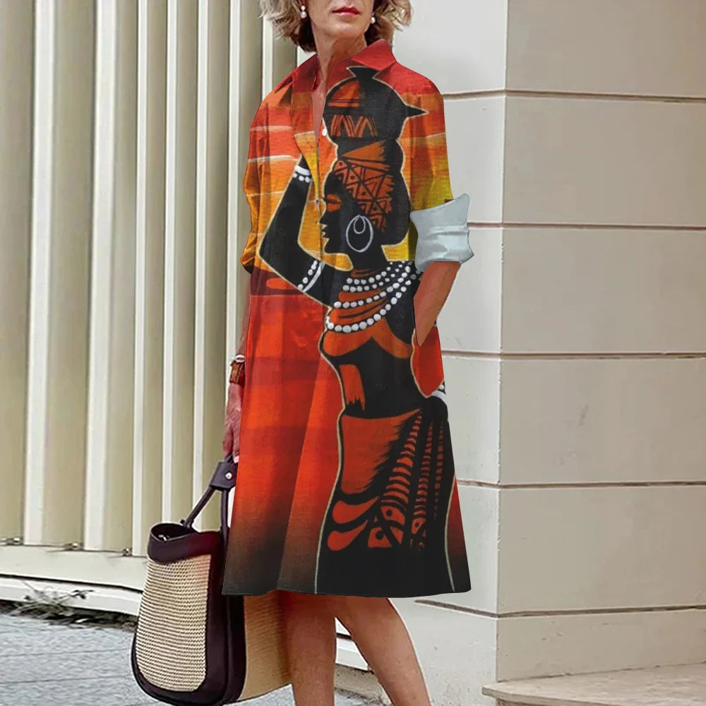 CD | Vara noi femei elegante cămașă Casual femei imprimate maneca lunga moda Lapel Street femei rochii cina partid rochii