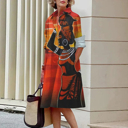 CD | Vara noi femei elegante cămașă Casual femei imprimate maneca lunga moda Lapel Street femei rochii cina partid rochii