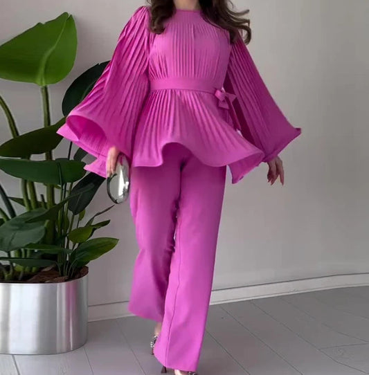 CD | Set trendy format dintr-o bluză cu mânecă lungă și pantaloni largi pentru femei