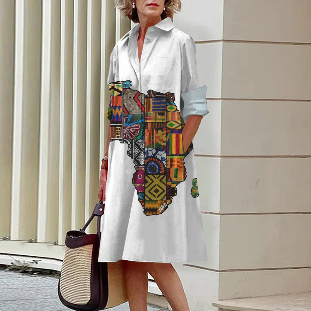 CD | Vara noi femei elegante cămașă Casual femei imprimate maneca lunga moda Lapel Street femei rochii cina partid rochii