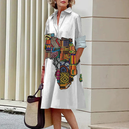 CD | Vara noi femei elegante cămașă Casual femei imprimate maneca lunga moda Lapel Street femei rochii cina partid rochii