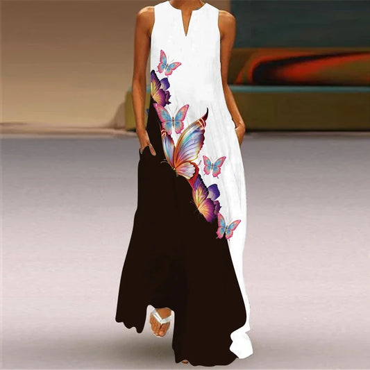 CD | 2024 New European and American Cross border Summer Long Dress Women Sleeveless V-Neck Printed Sexy