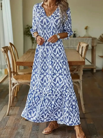 CD | 2024 Europene și americane transfrontaliere AliExpress toamna și iarna fashionista drăguț vrac V-neck imprimare mijlocul mâneci rochie lungă