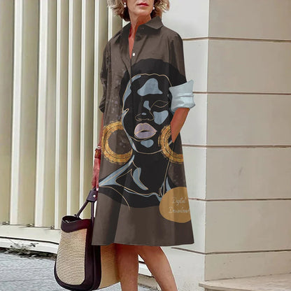 CD | Vara noi femei elegante cămașă Casual femei imprimate maneca lunga moda Lapel Street femei rochii cina partid rochii