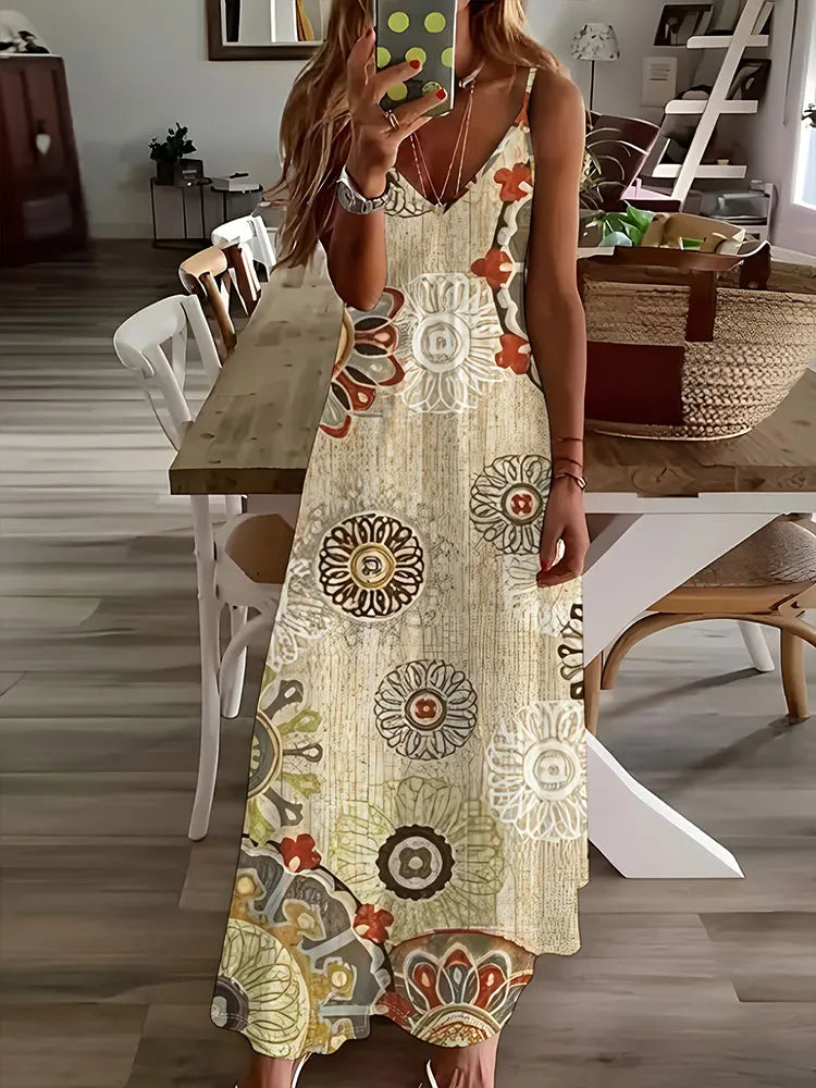 CD | 2024 New Vintage Ethnic Print Ladies Elegant Dress Summer Ladies Casual Sleeveless Dress Street Fashion Ladies Long Dress