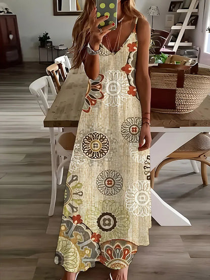 CD | 2024 New Vintage Ethnic Print Ladies Elegant Dress Summer Ladies Casual Sleeveless Dress Street Fashion Ladies Long Dress