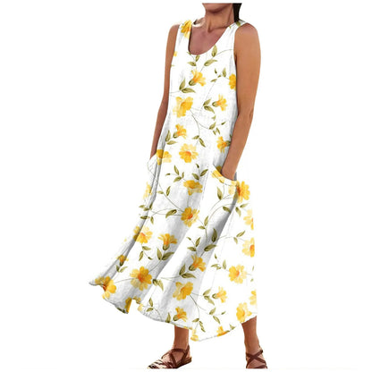 CD | Femei Boho florale imprimate plaja rochie lungă moda rotund gât Suspender rochii elegante Casual vrac confortabil rochie 2024