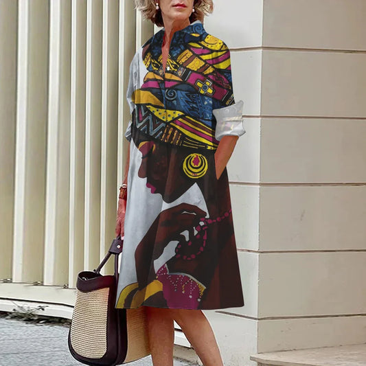CD | Vara noi femei elegante cămașă Casual femei imprimate maneca lunga moda Lapel Street femei rochii cina partid rochii