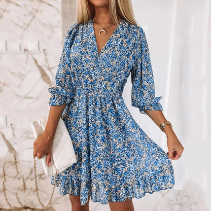 CD | Floral Print Dress Femei V-Neck Short Sleeve A Line Elegant Dress Lady Sweater Summer Short Bohemian Party Dresses