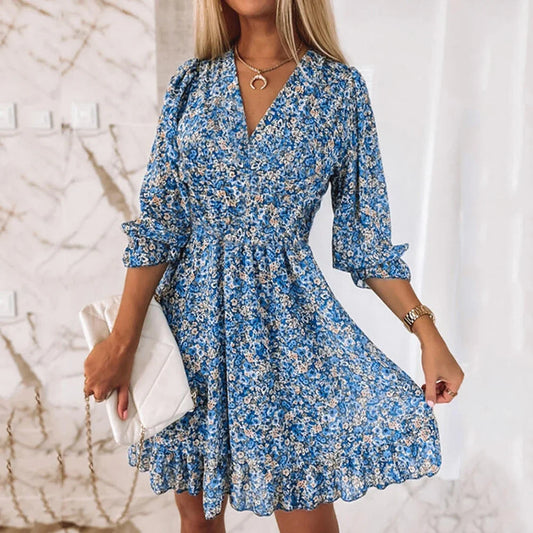 CD | Floral Print Dress Femei V-Neck Short Sleeve A Line Elegant Dress Lady Sweater Summer Short Bohemian Party Dresses