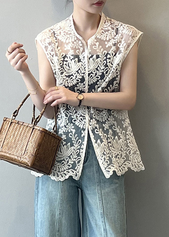 Beige V Neck Embroidered Hollow Out Shirts Summer