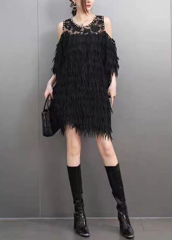 Black Cold Shoulder Nail Bead Tassel Mid Dresses Short Sleeve