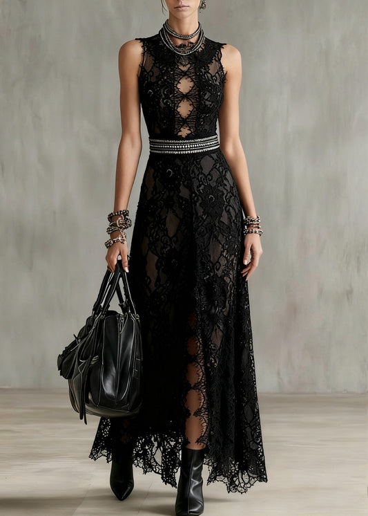 Black Hollow Out Side Open Lace Long Dresses Sleeveless