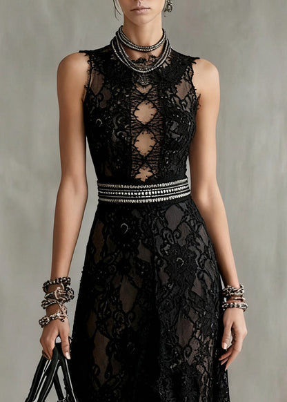 Black Hollow Out Side Open Lace Long Dresses Sleeveless
