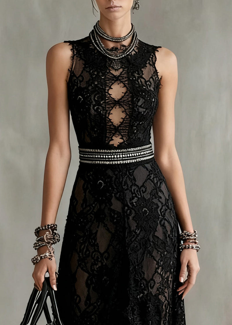 Black Hollow Out Side Open Lace Long Dresses Sleeveless