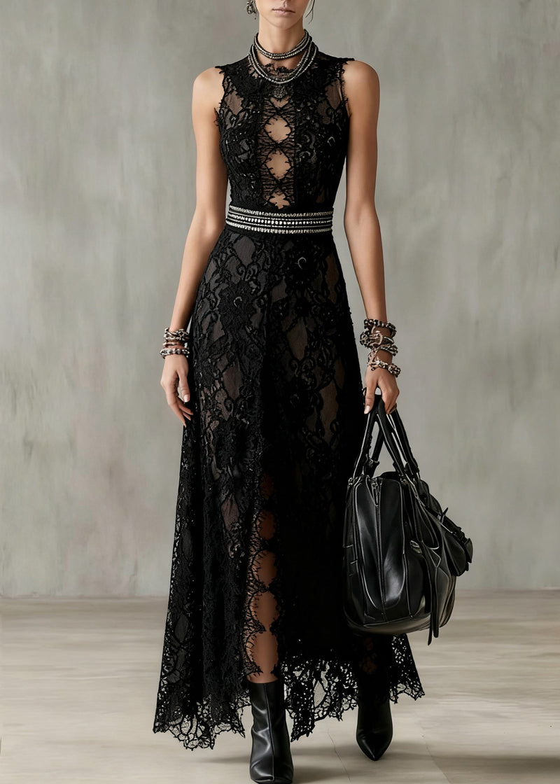 Black Hollow Out Side Open Lace Long Dresses Sleeveless