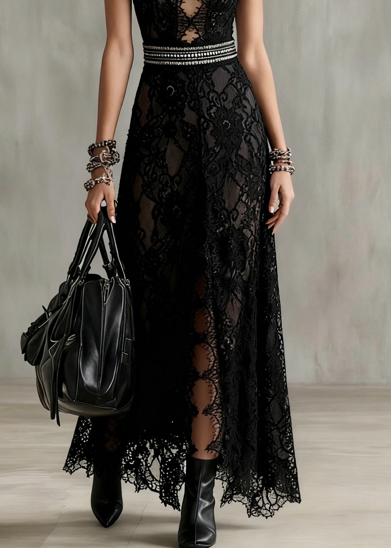 Black Hollow Out Side Open Lace Long Dresses Sleeveless
