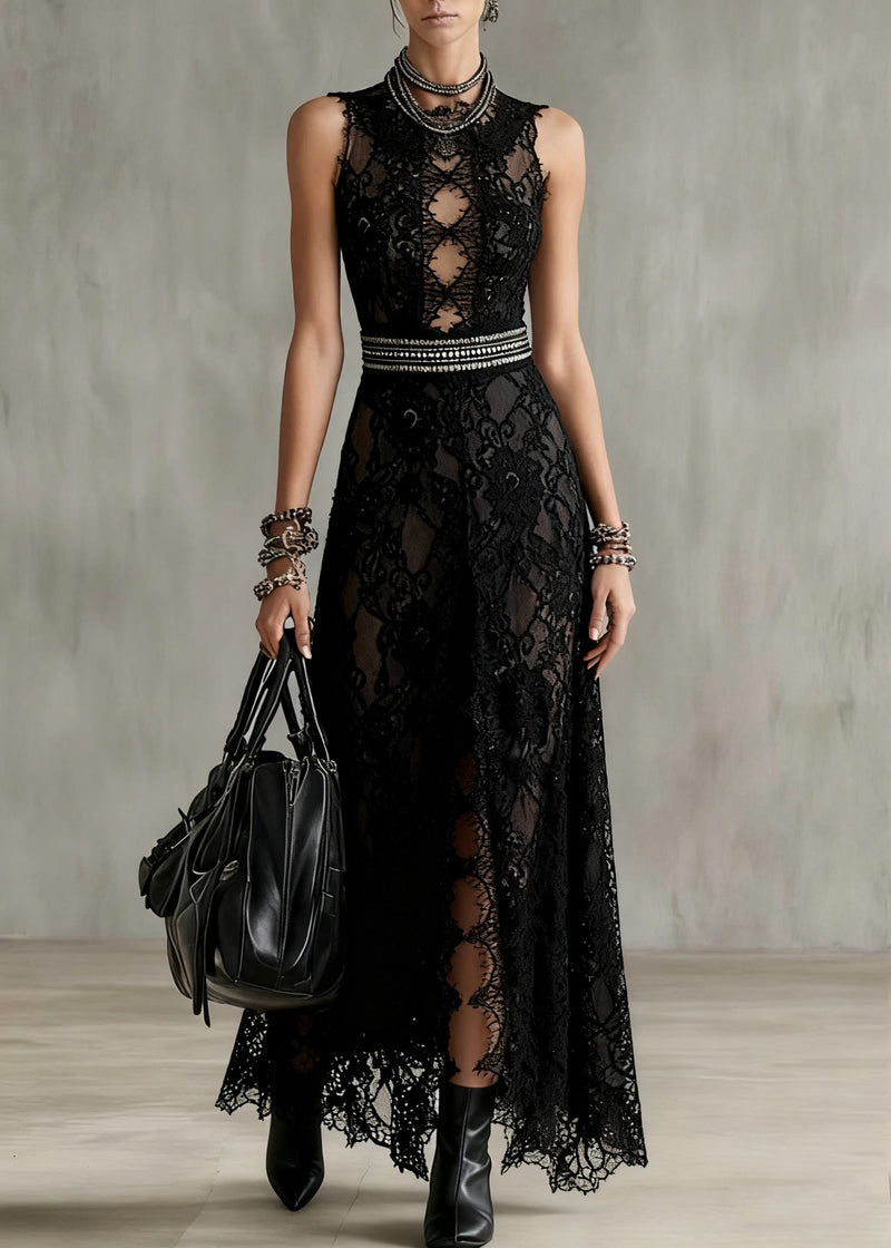 Black Hollow Out Side Open Lace Long Dresses Sleeveless