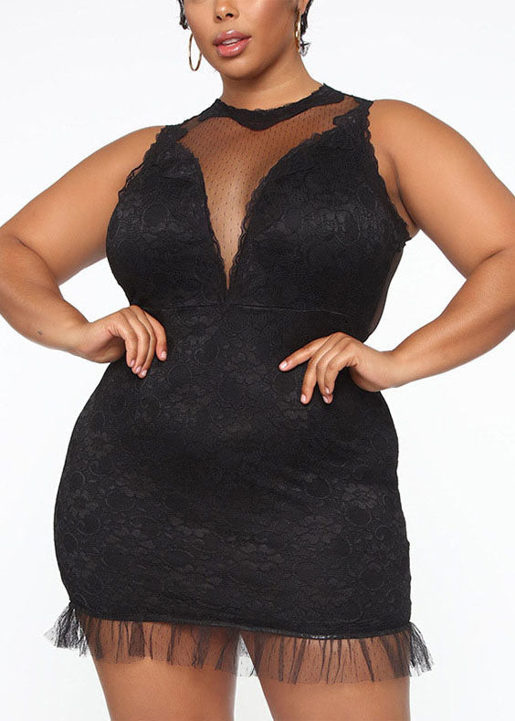 Black O-neck Bustier Top Lace Patchwork Mid Dress Summer