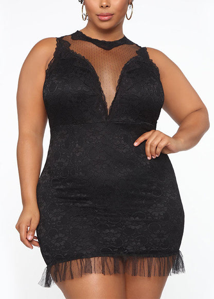 Black O-neck Bustier Top Lace Patchwork Mid Dress Summer