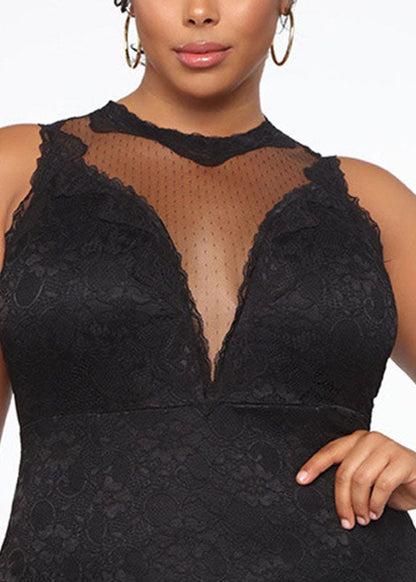 Black O-neck Bustier Top Lace Patchwork Mid Dress Summer